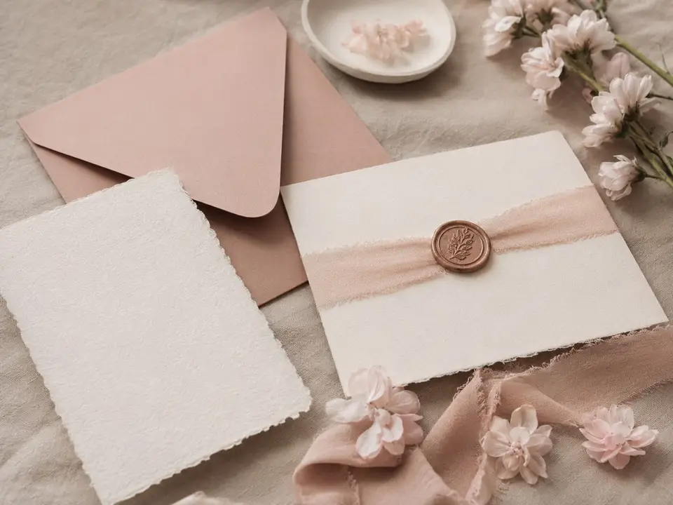 Blush spring wedding stationery arranged with delicate petals