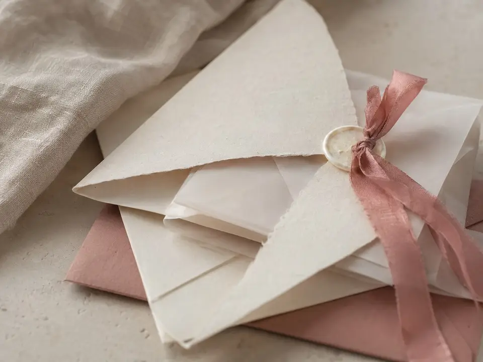 Delicate layered wedding stationery with fluttering vellum details