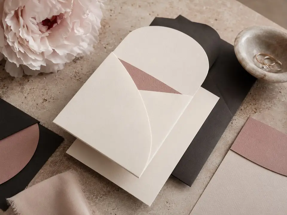 Modern geometric wedding stationery with architectural paper forms