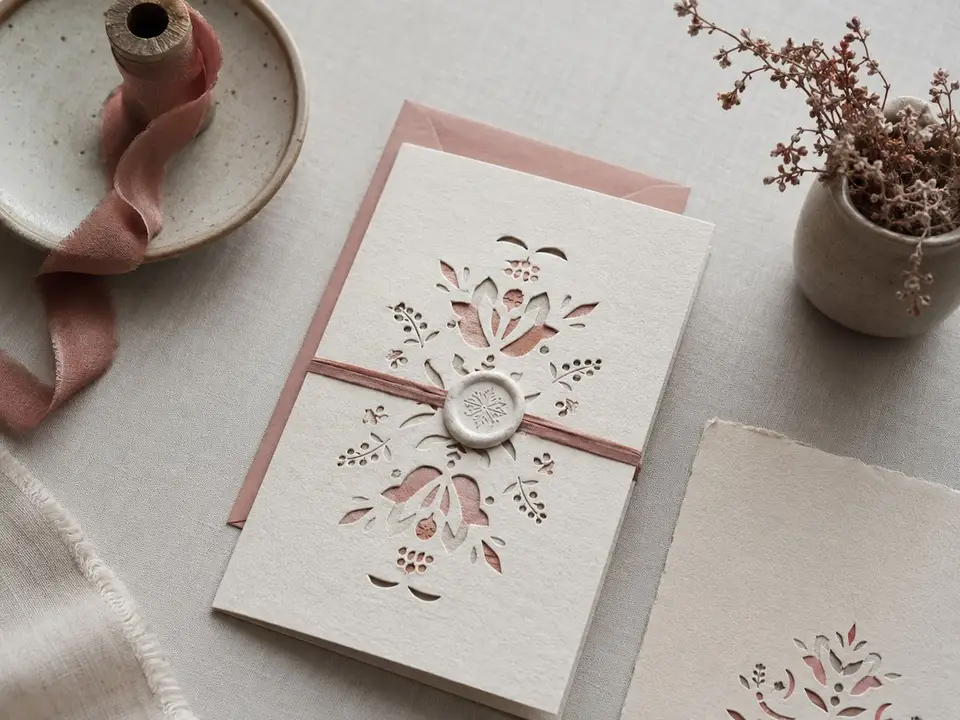 Scandinavian folk-inspired wedding stationery on clean textured card