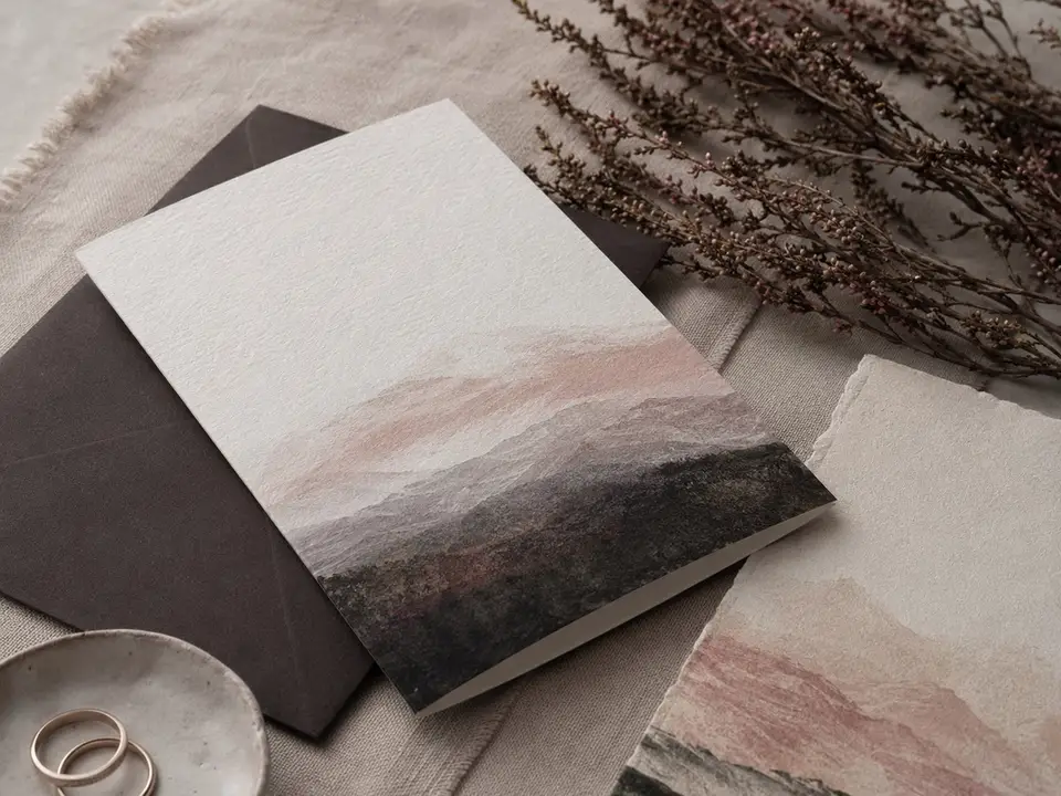 Wild Highland-inspired wedding stationery with heather and textured paper