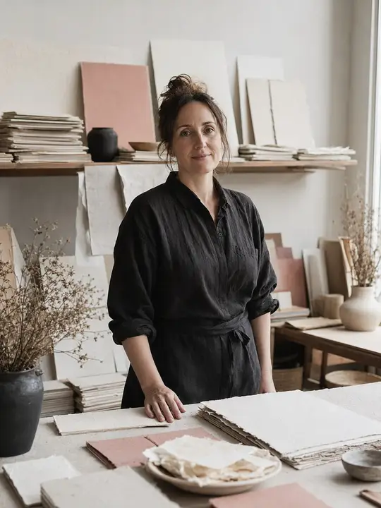 Portrait of an independent stationery designer in her paper studio